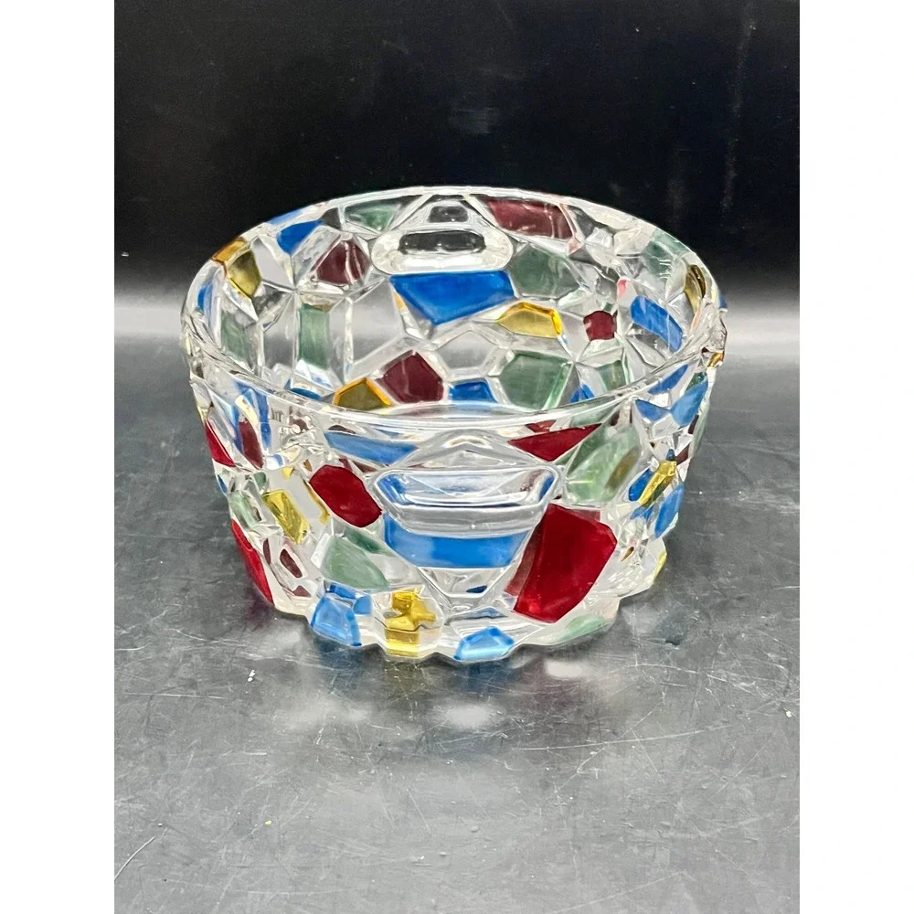 Vtg Heavy Crystal Mosaic Ice Bucket Candy Dish Bowl 2‎ Handles Red, Green, Blue